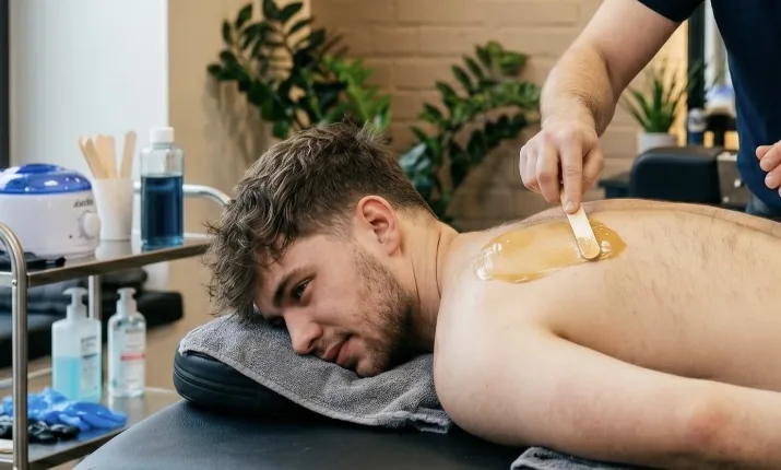 Aplicação de cera durante um procedimento de depilação corporal na GÜVEN.